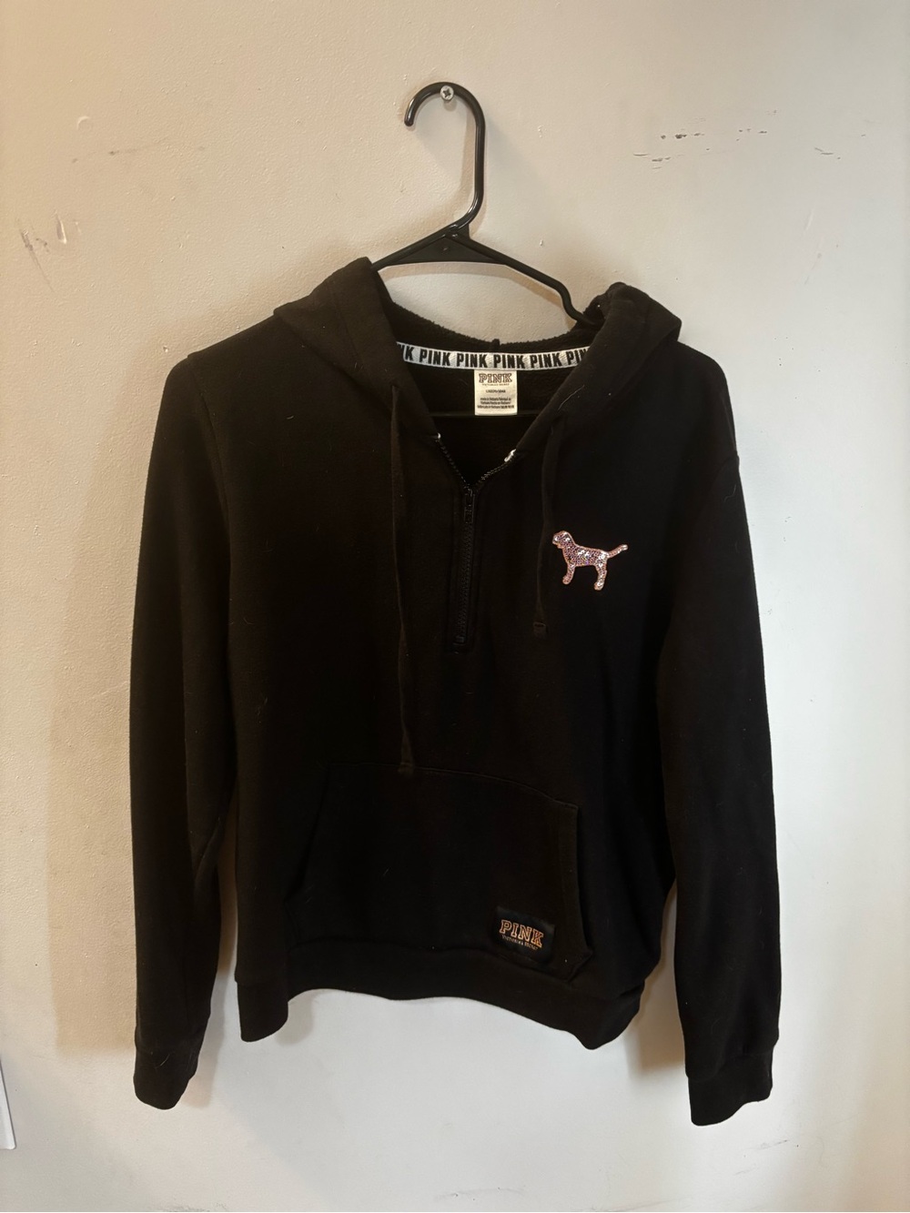 Victoria's Secret PINK Black Half-Zip Hoodie with White Logo Trim